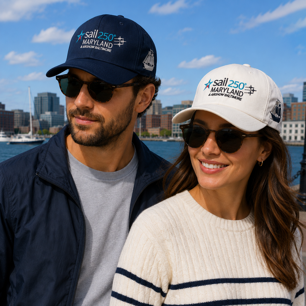 Sail250 Maryland Primary Logo, Ship, and Baltimore 2026 Embroidered Low Profile Hat with Adjustable Strap Available Colors in Use Outdoor Event