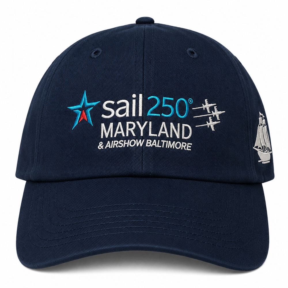 Sail250 Maryland Primary Logo, Ship, and Baltimore 2026 Embroidered Low Profile Hat with Adjustable Strap Navy Front View