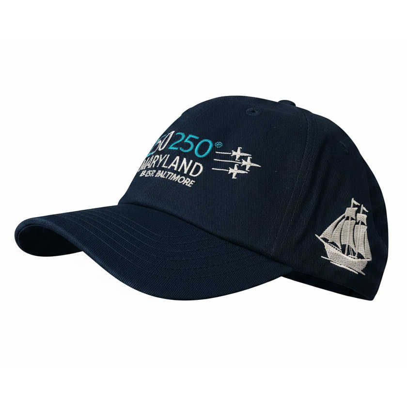 Sail250 Maryland Primary Logo, Ship, and Baltimore 2026 Embroidered Low Profile Hat with Adjustable Strap Navy Side View