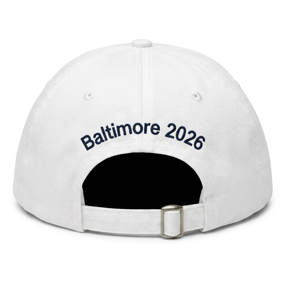 Sail250 Maryland Primary Logo, Ship, and Baltimore 2026 Embroidered Low Profile Hat with Adjustable Strap White Back View