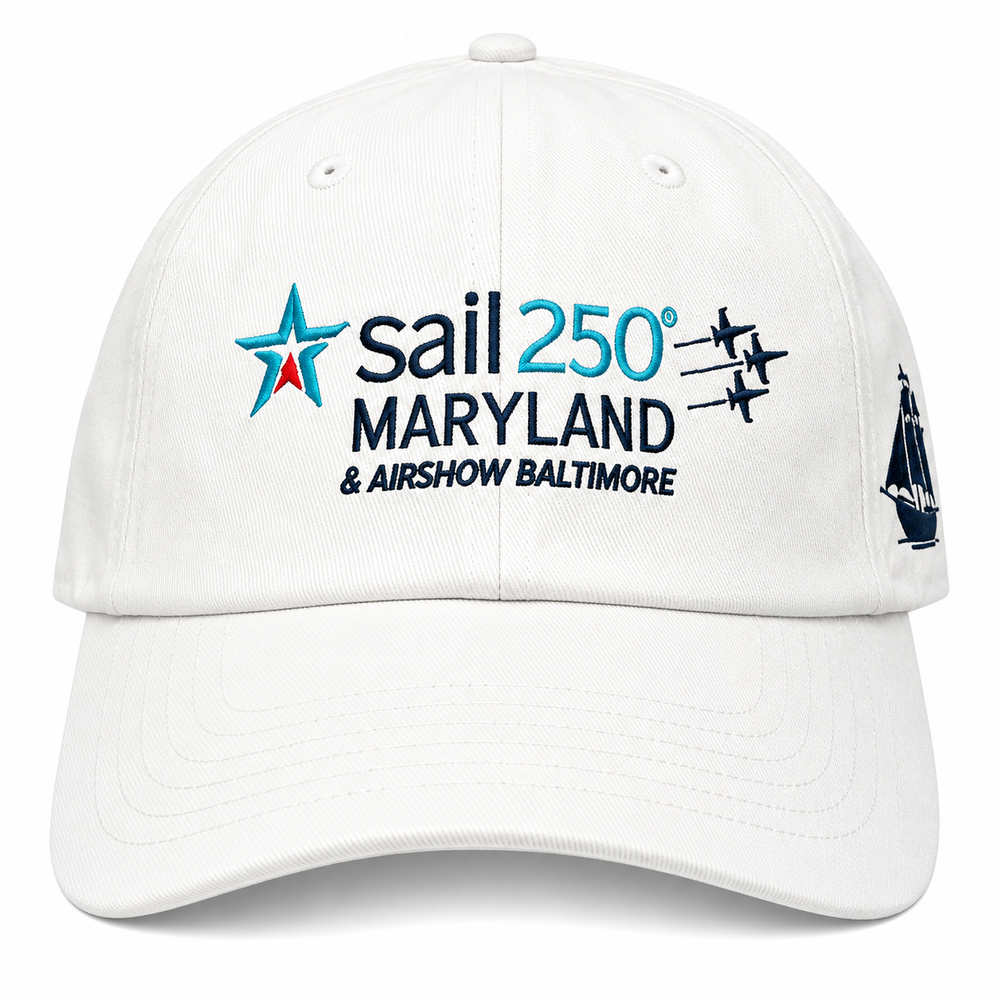 Sail250 Maryland Primary Logo, Ship, and Baltimore 2026 Embroidered Low Profile Hat with Adjustable Strap White Front View