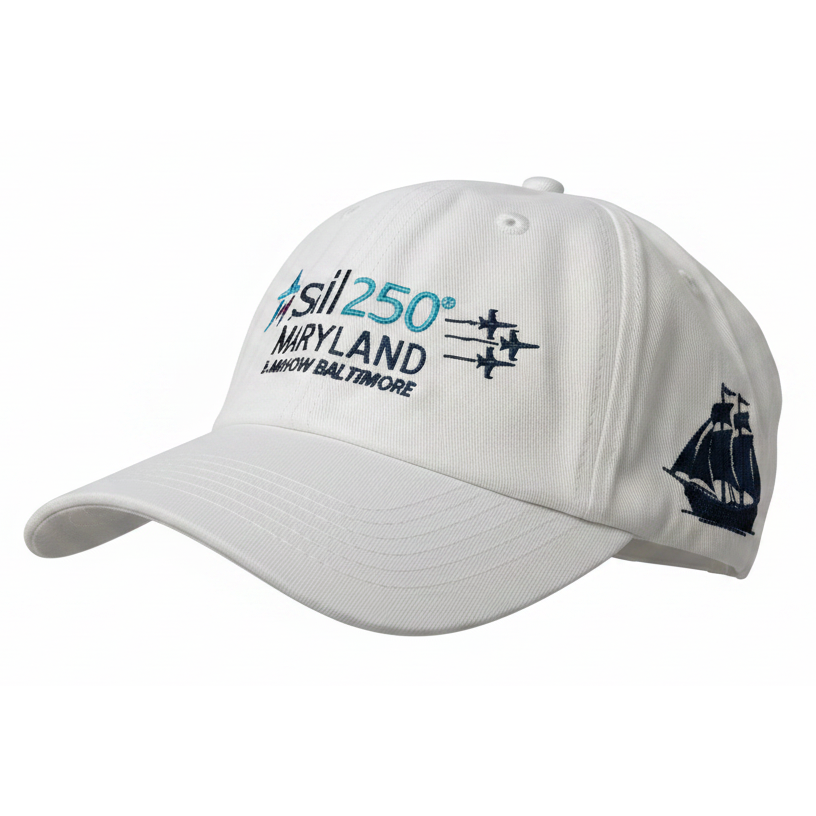 Sail250 Maryland Primary Logo, Ship, and Baltimore 2026 Embroidered Low Profile Hat with Adjustable Strap White Side VIew