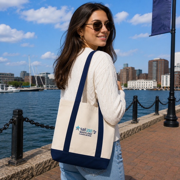 Sail 250 Maryland Primary Logo Canvas Tote Bag Navy in Use Outdoor View