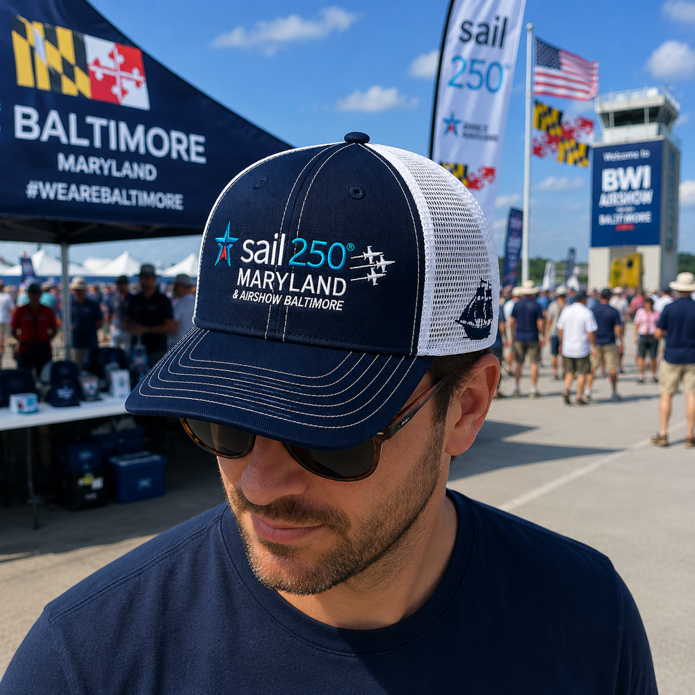 Sail 250 Maryland Logo, Ship, and Baltimore 2026 Embroidered Trucker Hat with Mesh Back in Use Outdoor Event