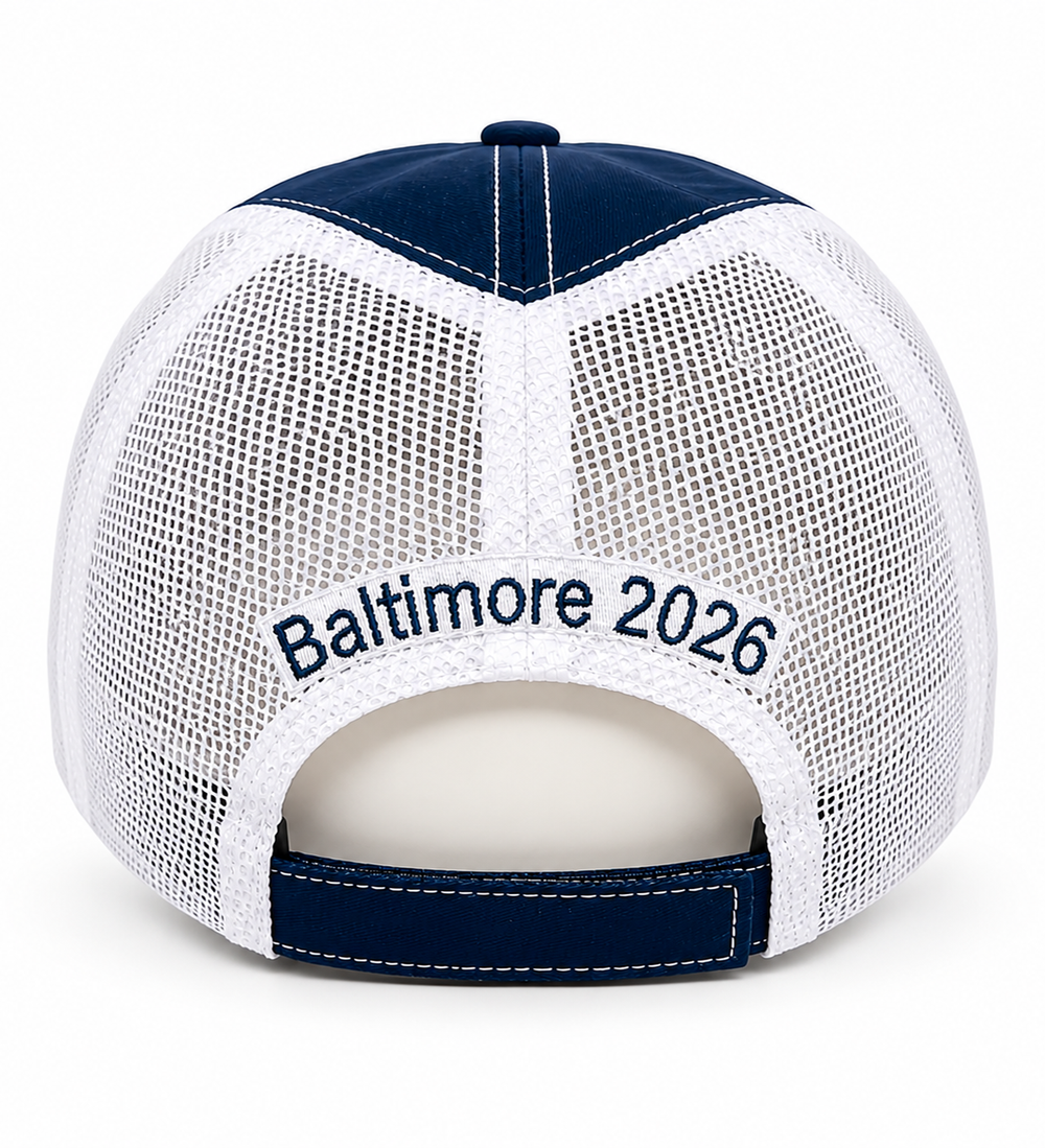 Sail 250 Maryland Logo, Ship, and Baltimore 2026 Embroidered Trucker Hat with Mesh Back - Product Back View