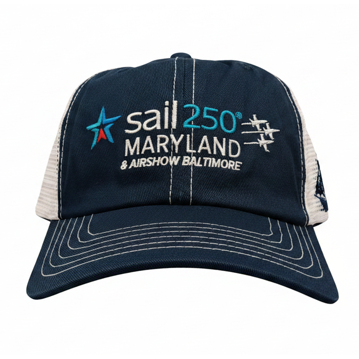 Sail 250 Maryland Logo, Ship, and Baltimore 2026 Embroidered Trucker Hat with Mesh Back - Front View