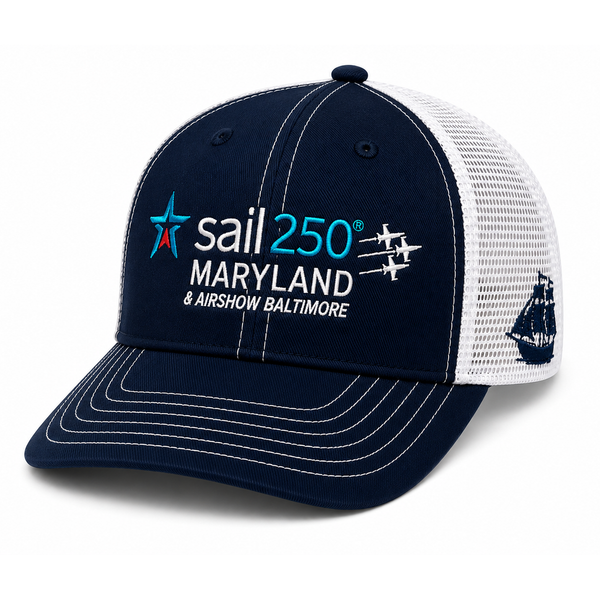 Sail 250 Maryland Logo, Ship, and Baltimore 2026 Embroidered Trucker Hat with Mesh Back - Side View