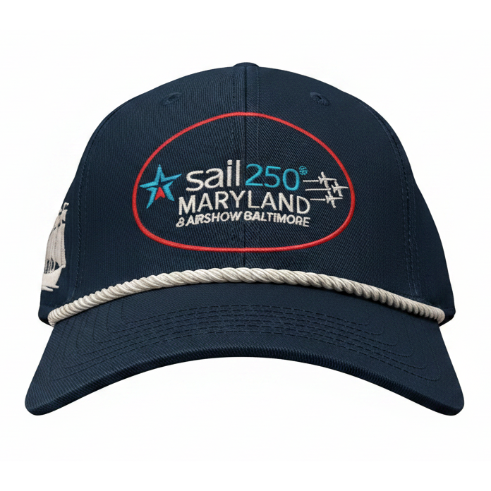 Sail 250 Maryland Logo, Ship, and "Baltimore 2026" Embroidered Patch Rope Hat with Adjustable Strap Front View