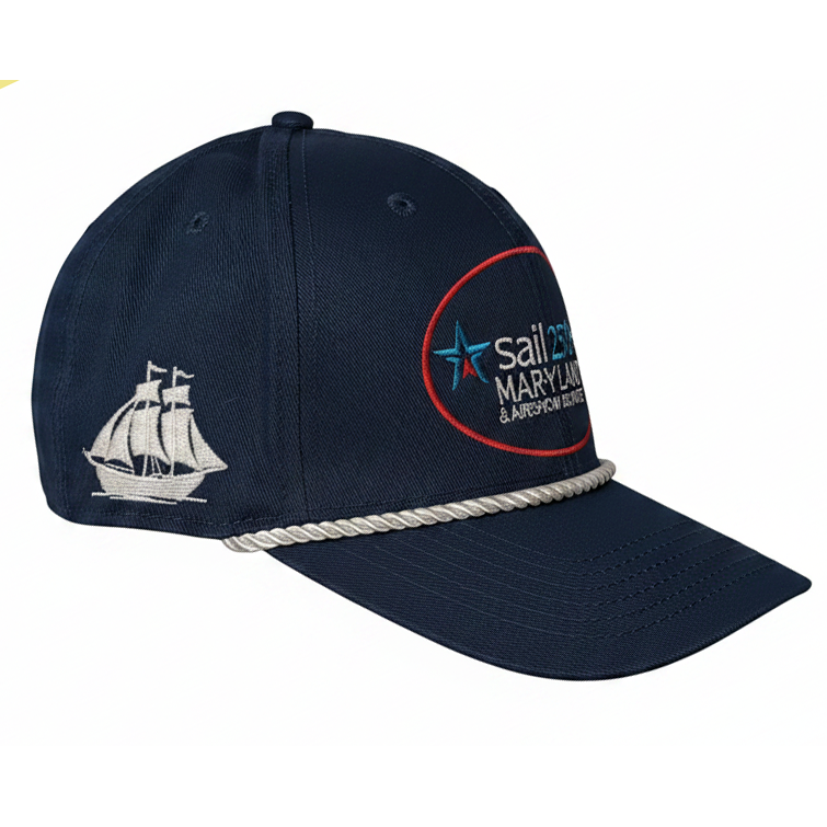 Sail 250 Maryland Logo, Ship, and "Baltimore 2026" Embroidered Patch Rope Hat with Adjustable Strap Side View