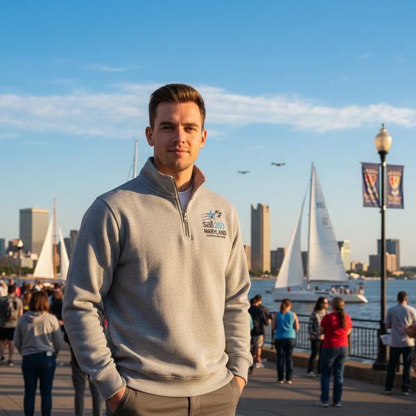 Sail250 Maryland Primary Logo Embroidered Cotton Long Sleeve 1/4 Zip Sweatshirt in Use Outdoor Event