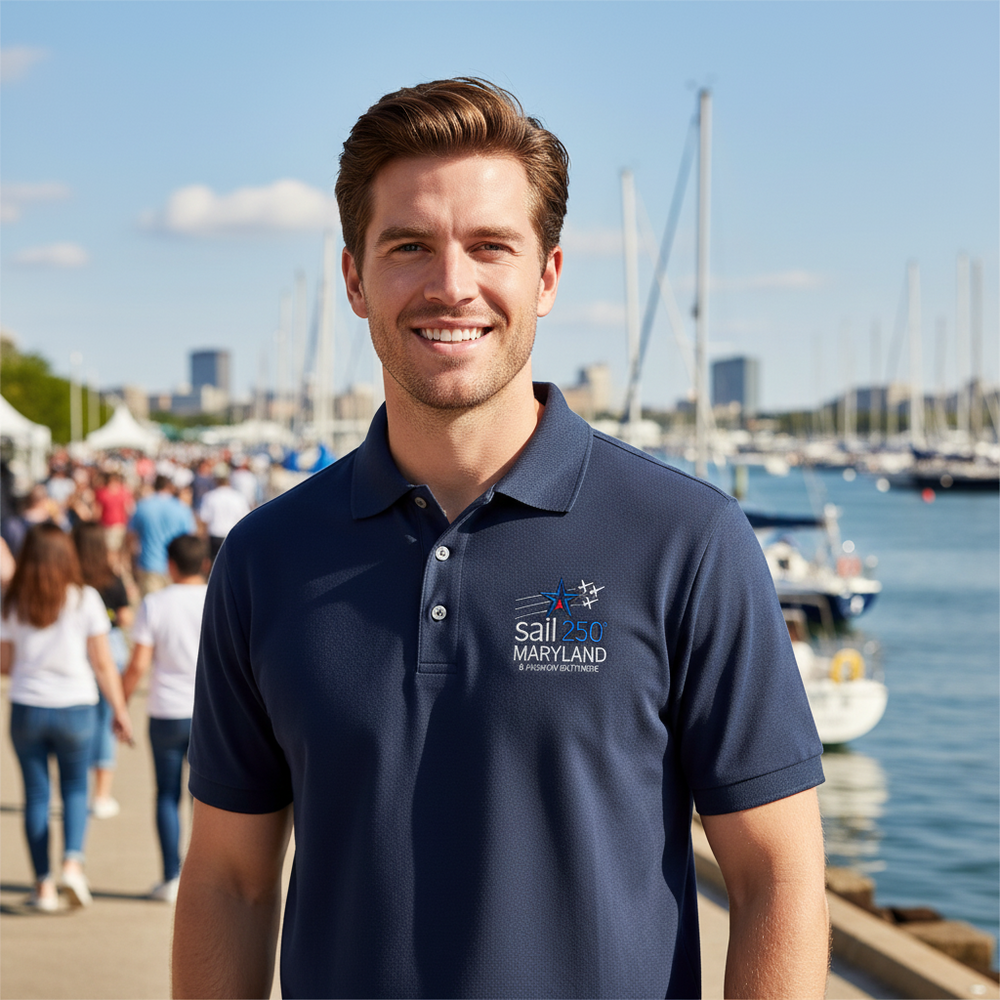 Sail250 Maryland Primary Logo Embroidered Pique Polo Shirt Short Sleeve In Use Outdoor View