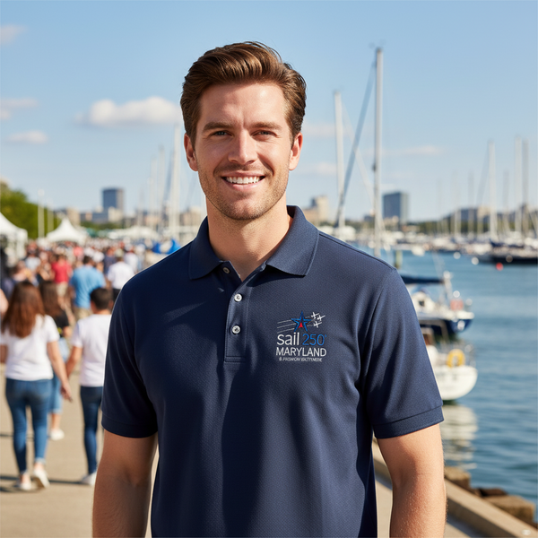 Sail250 Maryland Primary Logo Embroidered Pique Polo Shirt Short Sleeve In Use Outdoor View