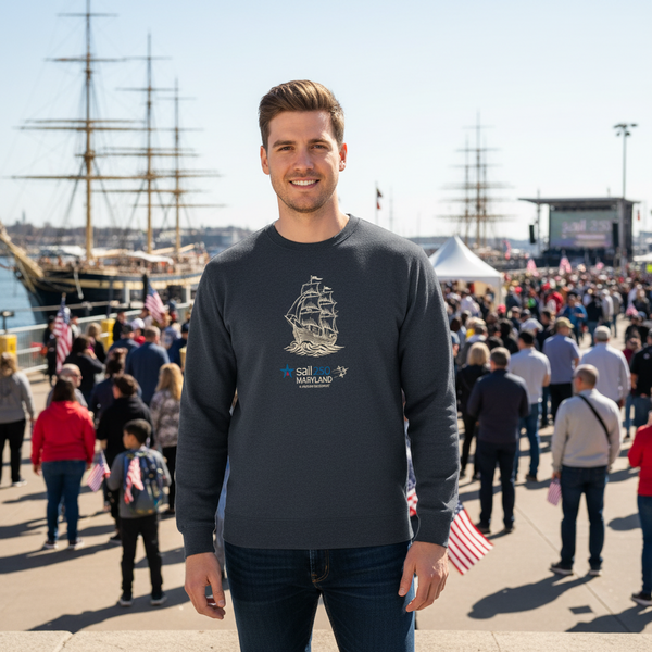 Sail 250 Maryland Embroidered Logo and Tall Ship Crewneck Navy in Use Outdoor Event