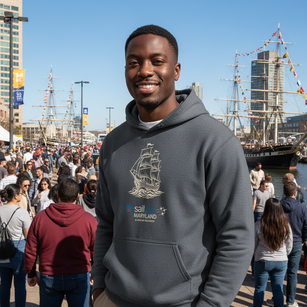 Sail 250 Maryland Embroidered Logo and Tall Ship Hoodie Navy in Use Outdoor Event