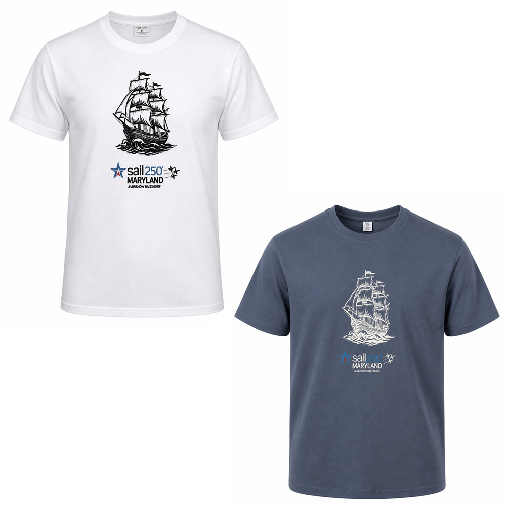 Sail 250 Maryland Embroidered Logo and Tall Ship Short Sleeve T-Shirt Available Colors