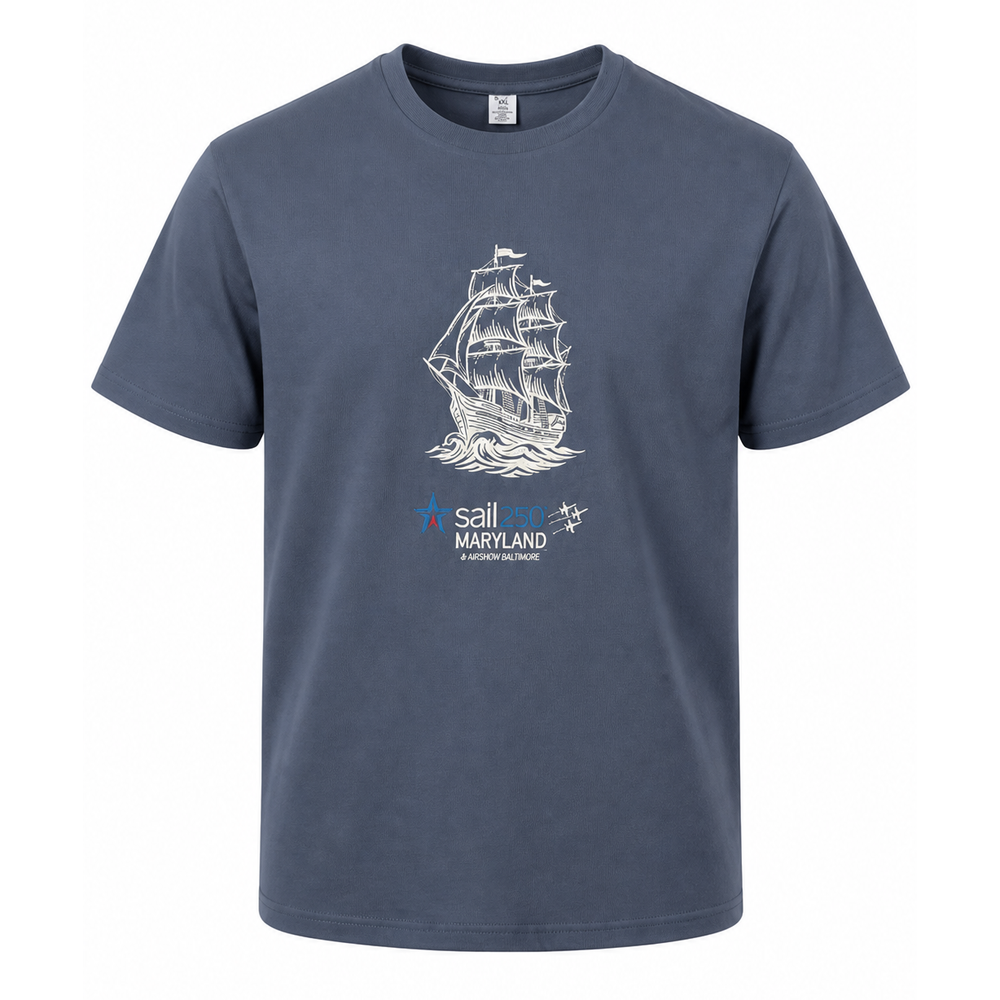 Sail 250 Maryland Embroidered Logo and Tall Ship Short Sleeve T-Shirt Navy