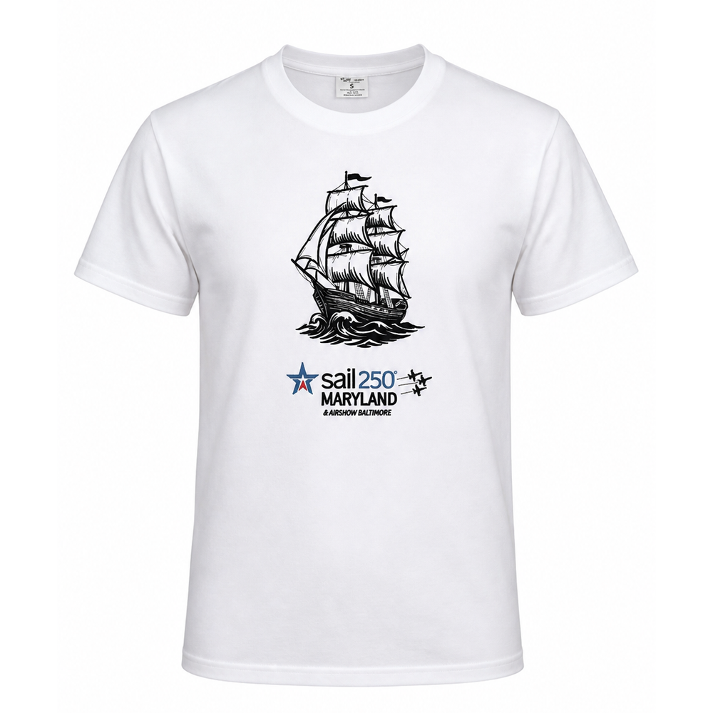 Sail 250 Maryland Embroidered Logo and Tall Ship Short Sleeve T-Shirt White